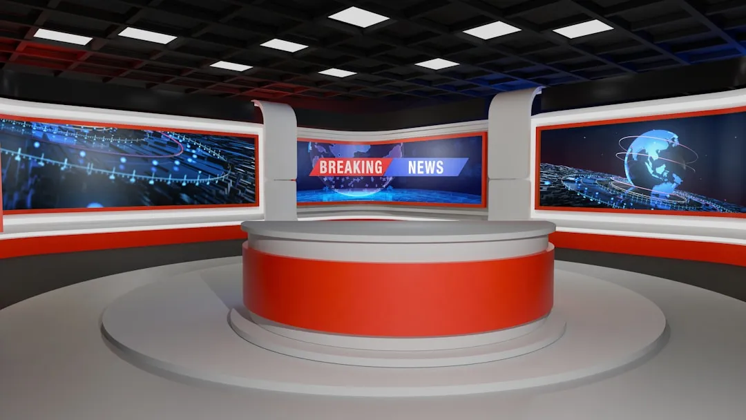A television news studio with a breaking-news display.